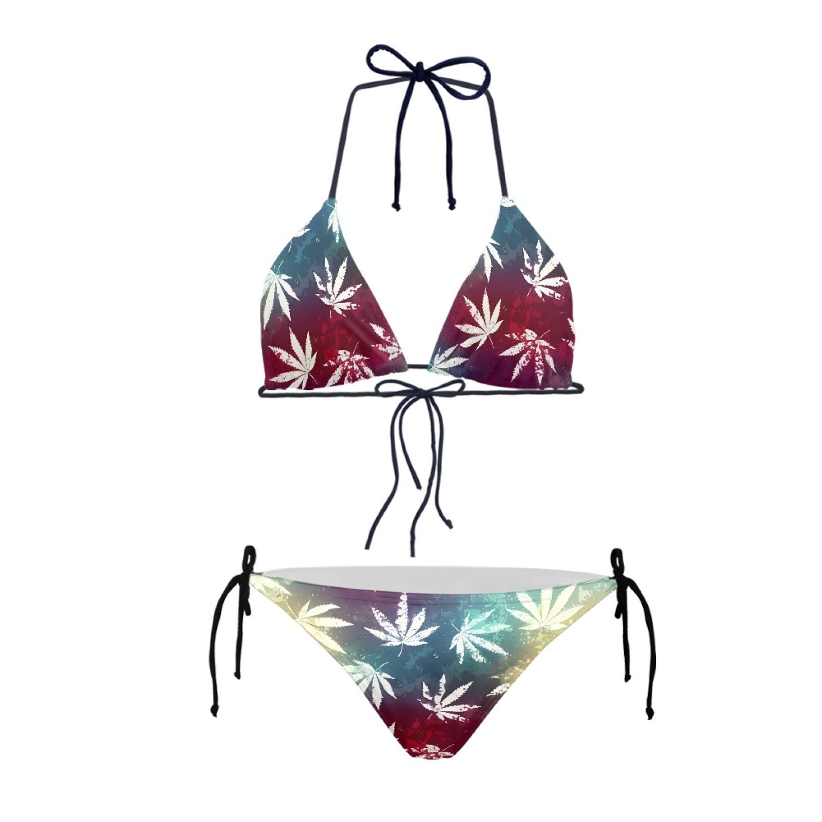 Fancy Leaf Print Women's Bikini Sets Halter Triangle Top Push Up Backless Low Rise Strappy Swimwear Ladies Two Pieces Swim Suits