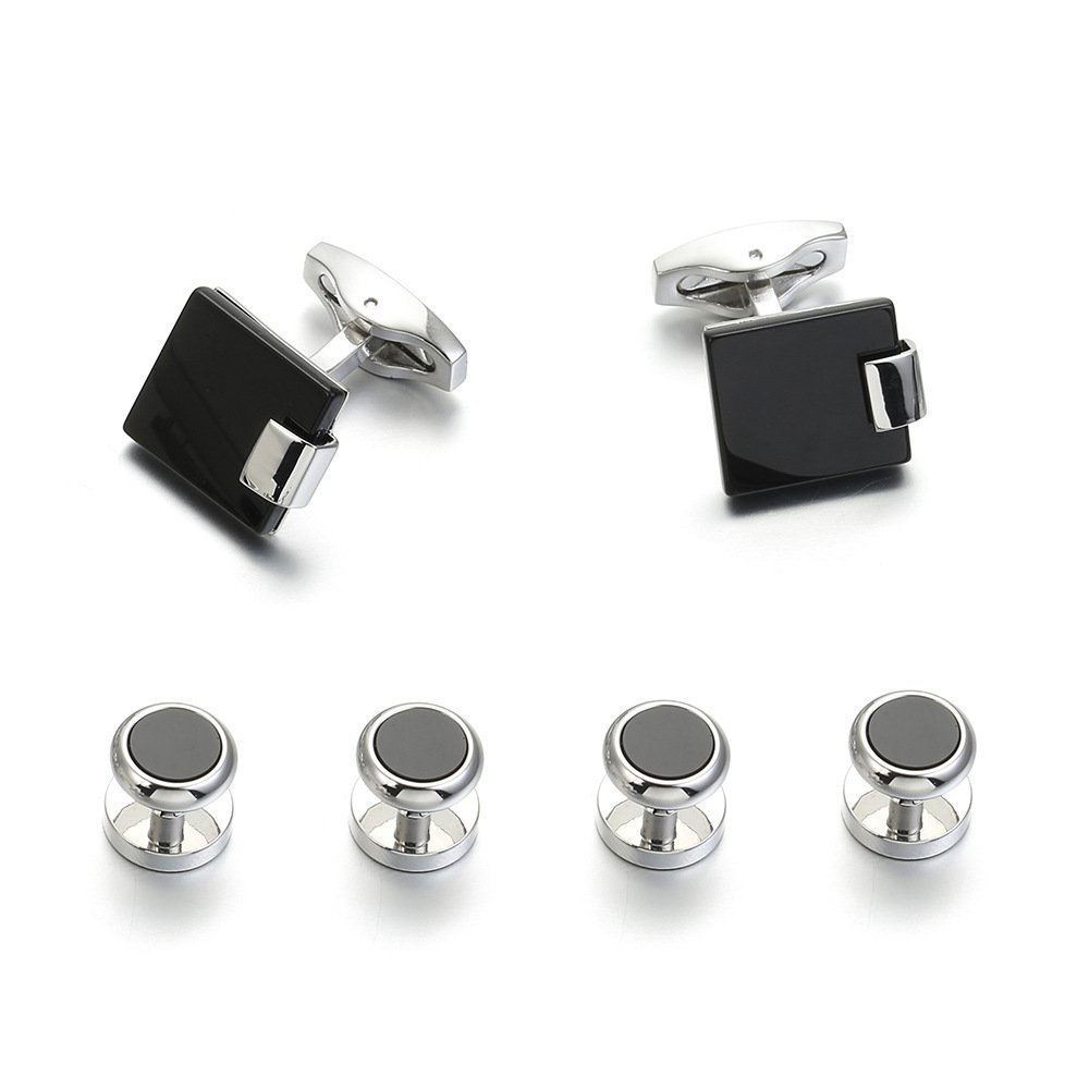 2024 New style ready to ship French shirt black onyx stone 2+4 cuff links and studs set for men