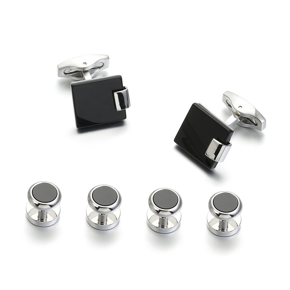 2024 New style ready to ship French shirt black onyx stone 2+4 cuff links and studs set for men