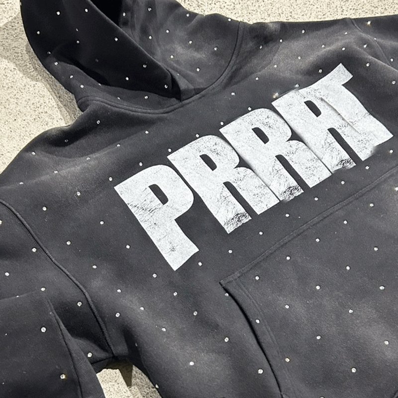 Custom Rhinestone no strings Screen Print Logo French Terry Oversized Heavy Cotton Acid Washed Men Hoodies Vintage Sweatsuits