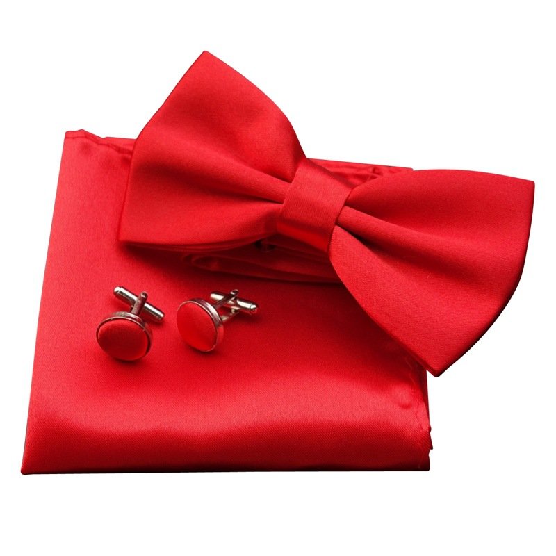 Cheap Solid Color Bow Tie Set Handkerchief Cufflinks Red Blue Black Pocket Square for Men Male