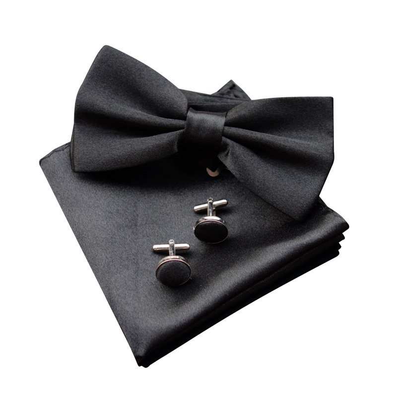 Cheap Solid Color Bow Tie Set Handkerchief Cufflinks Red Blue Black Pocket Square for Men Male