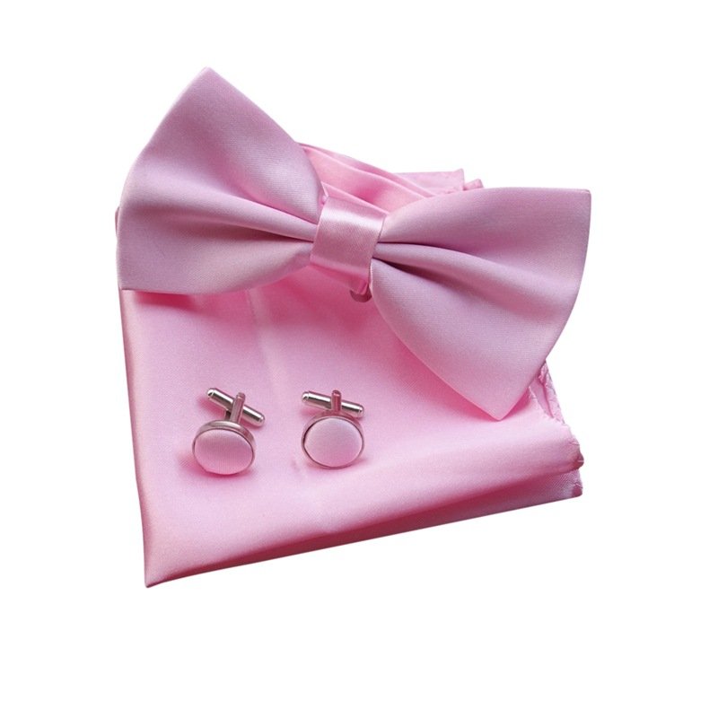 Cheap Solid Color Bow Tie Set Handkerchief Cufflinks Red Blue Black Pocket Square for Men Male