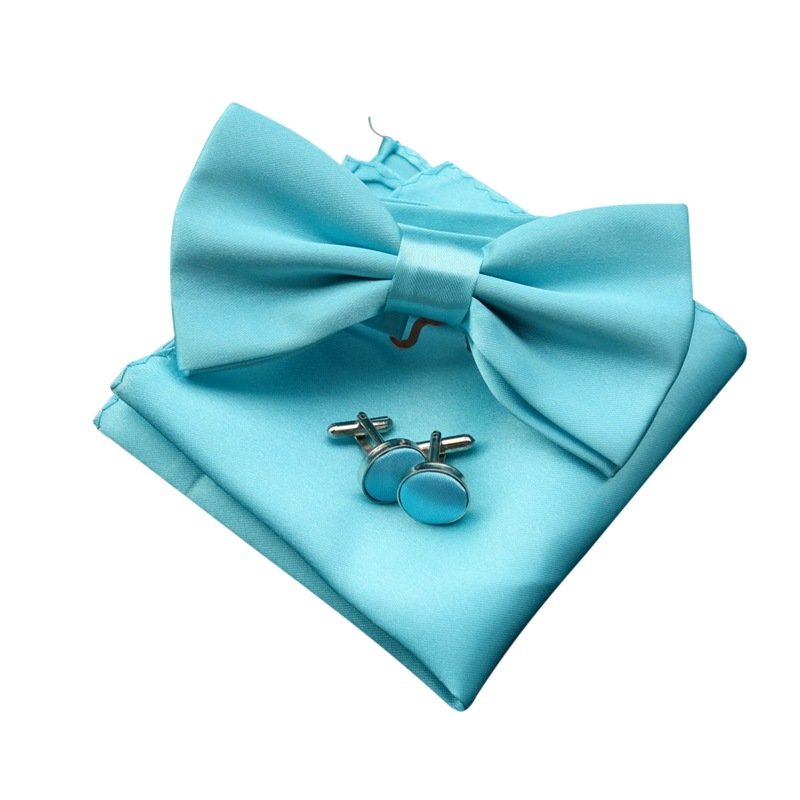 Cheap Solid Color Bow Tie Set Handkerchief Cufflinks Red Blue Black Pocket Square for Men Male