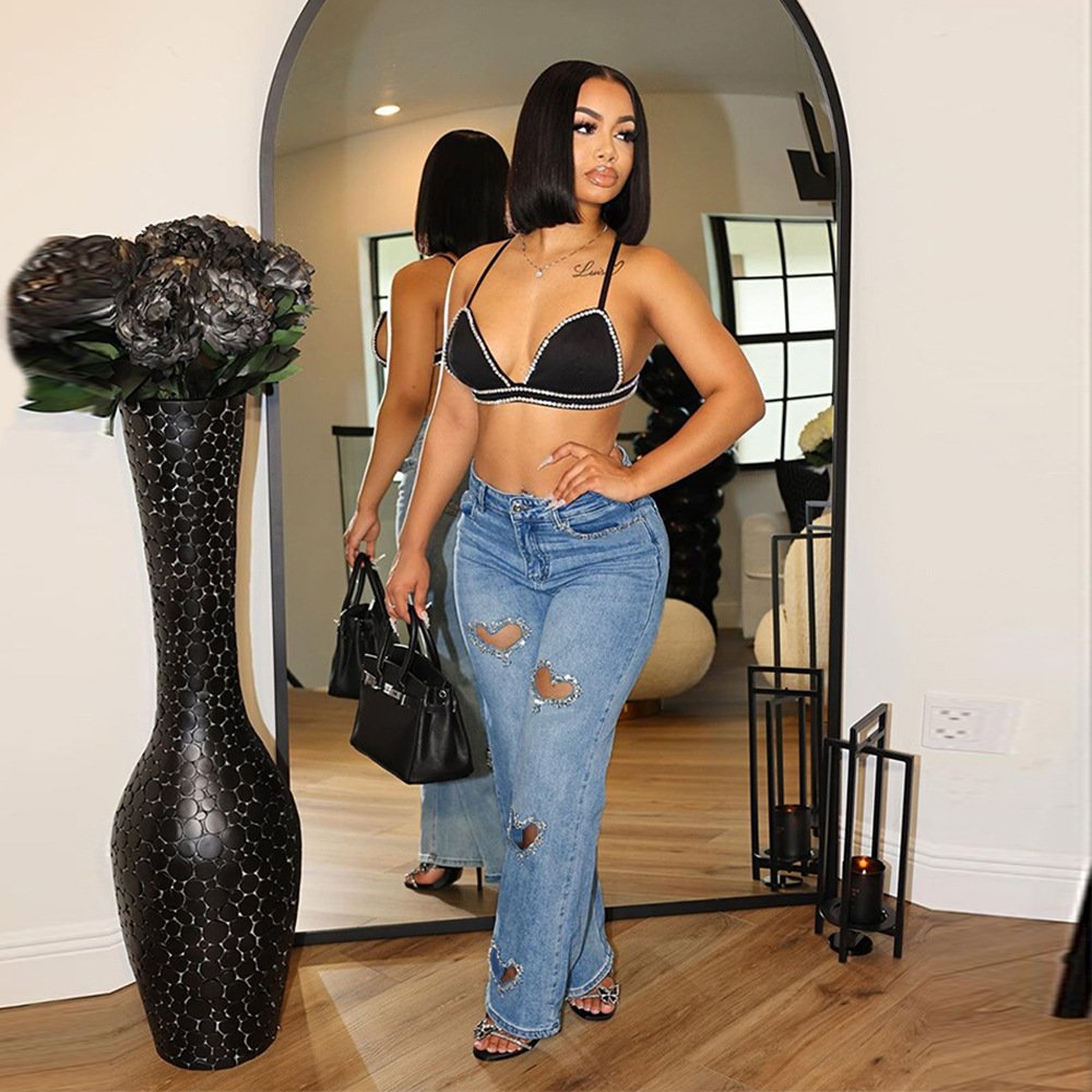 STOCK Custom Brand Hollow Heart Pants Straight Denim Ladies Pants High Waist Jeans