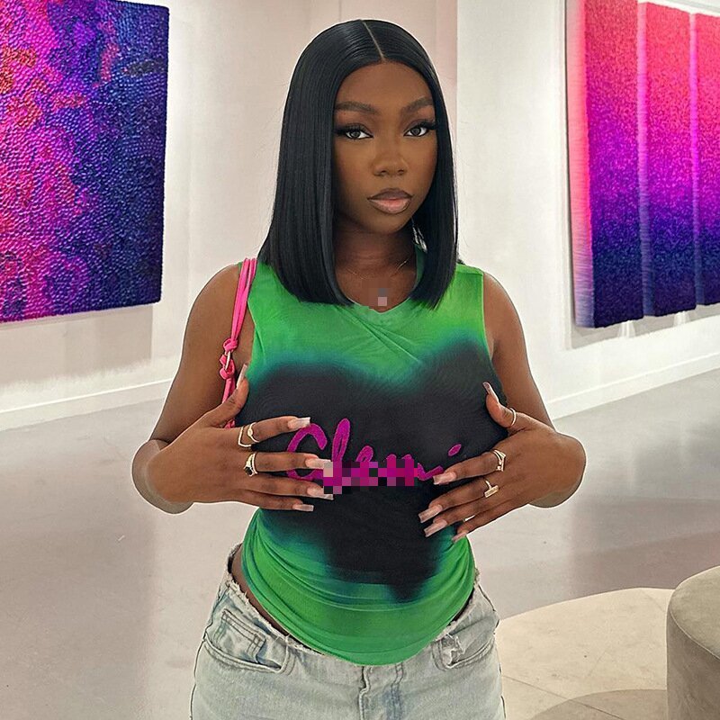 Kilig Latest Design Fashion Summer Letter Graphic Printing Tie Dye Crop Top Y2k Streetwear Mesh Sleeveless Tank Top Women