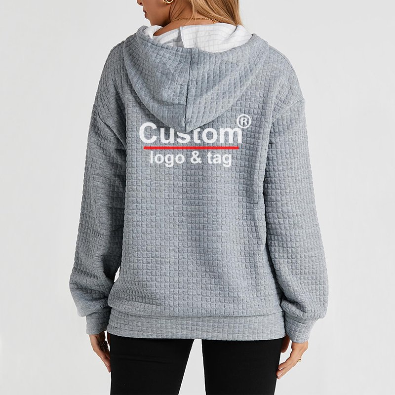 Custom Women's Casual Waffle Hoodies Sweatshirt Cozy Pullover Waffle Long Sleeve Tops Drawstring Hooded Sweatshirt with Pocket