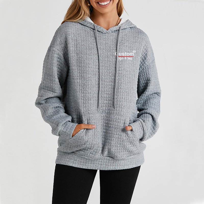 Custom Women's Casual Waffle Hoodies Sweatshirt Cozy Pullover Waffle Long Sleeve Tops Drawstring Hooded Sweatshirt with Pocket
