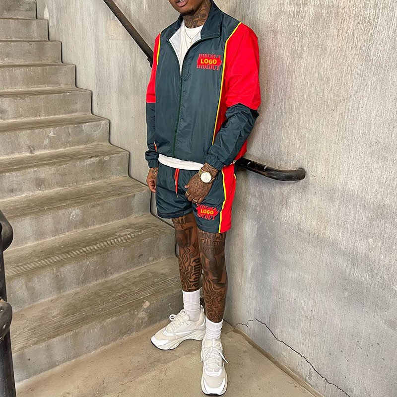 New Arrival Stylish Colorblock Zip Up Custom Men Windbreaker 2 Piece Short Set