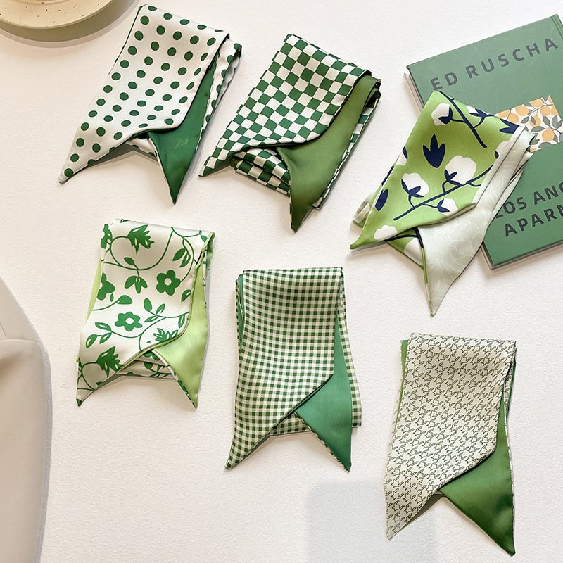 Spring Fresh Green Print Flowers Paid Scarf Hairbands Ribbon Hair Tie Women Ponytail Silk Scarf