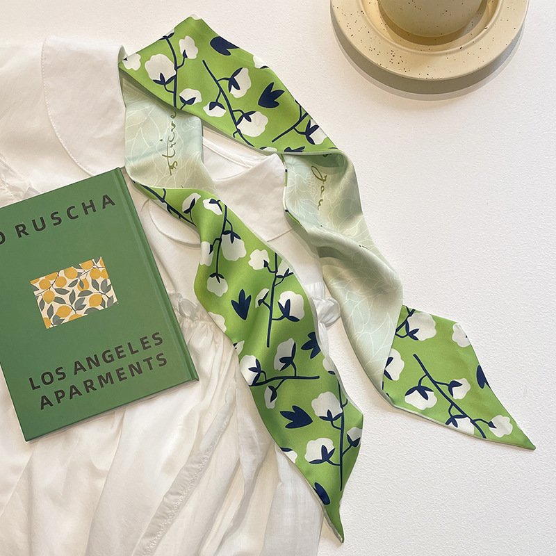 Spring Fresh Green Print Flowers Paid Scarf Hairbands Ribbon Hair Tie Women Ponytail Silk Scarf