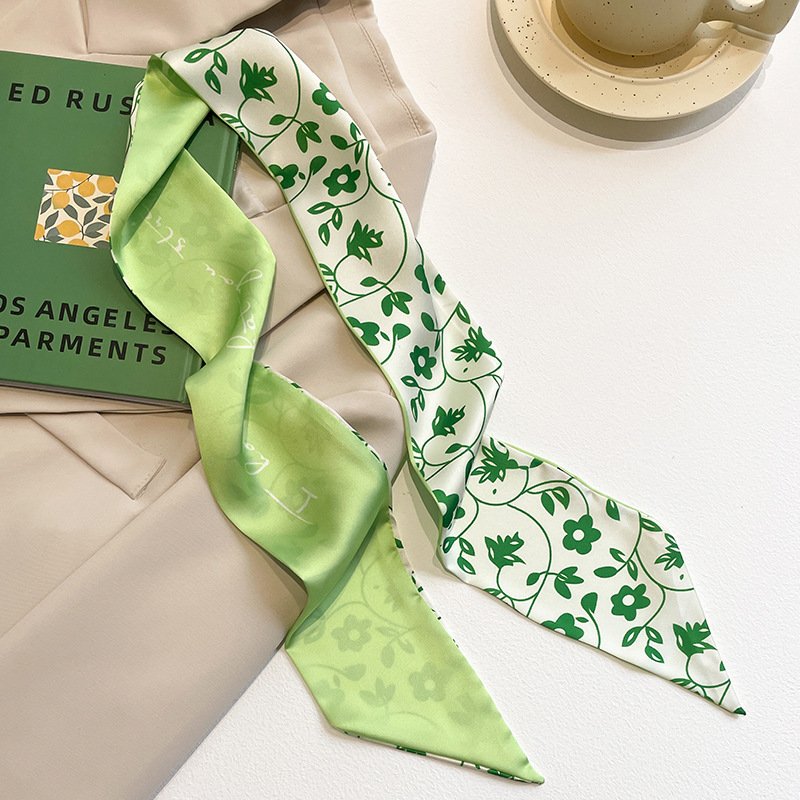 Spring Fresh Green Print Flowers Paid Scarf Hairbands Ribbon Hair Tie Women Ponytail Silk Scarf