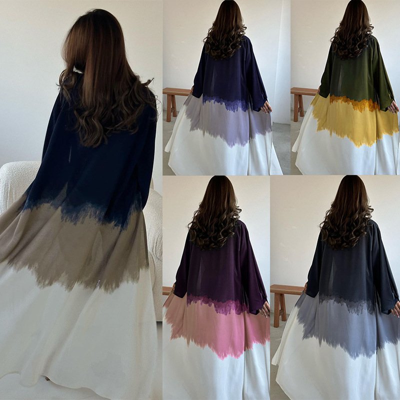 Middle East New Front Open Abaya Dress Muslim Women Tie-Dye Dresses Kimono Long Maxi Gradient Color Robe Kaftan Abaya Cardigan