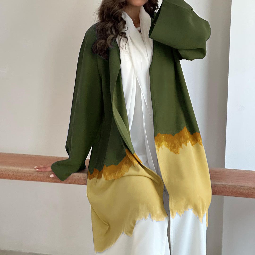 Middle East New Front Open Abaya Dress Muslim Women Tie-Dye Dresses Kimono Long Maxi Gradient Color Robe Kaftan Abaya Cardigan