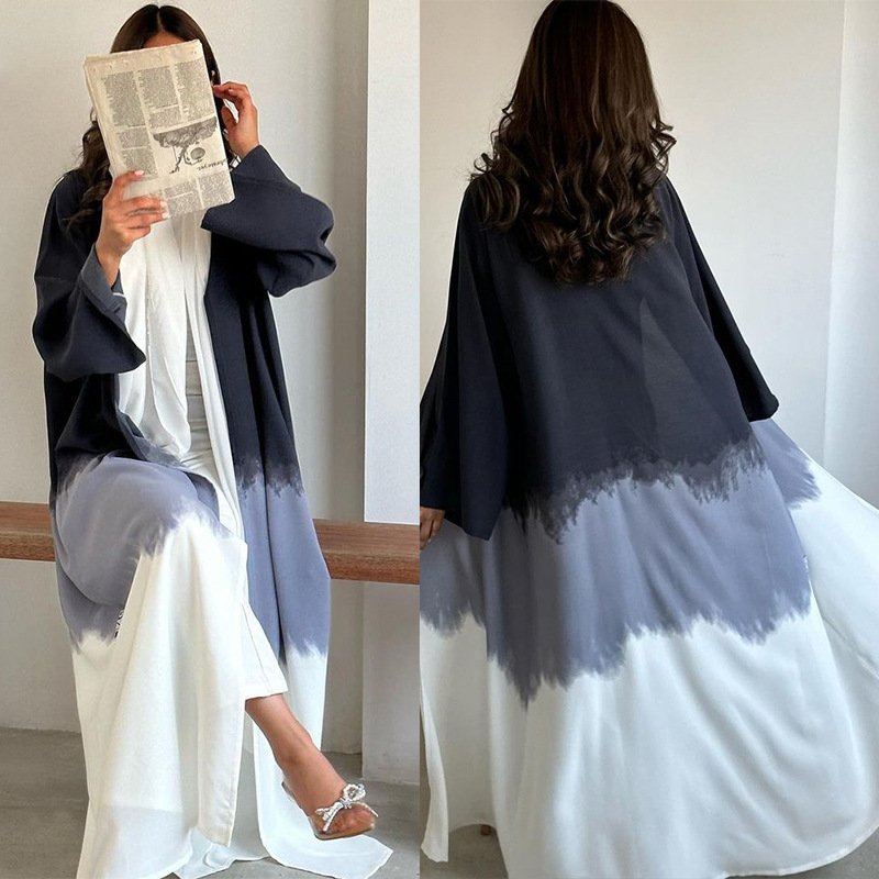 Middle East New Front Open Abaya Dress Muslim Women Tie-Dye Dresses Kimono Long Maxi Gradient Color Robe Kaftan Abaya Cardigan