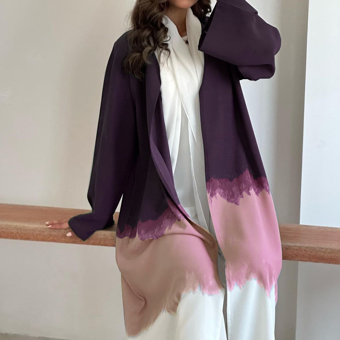 Middle East New Front Open Abaya Dress Muslim Women Tie-Dye Dresses Kimono Long Maxi Gradient Color Robe Kaftan Abaya Cardigan