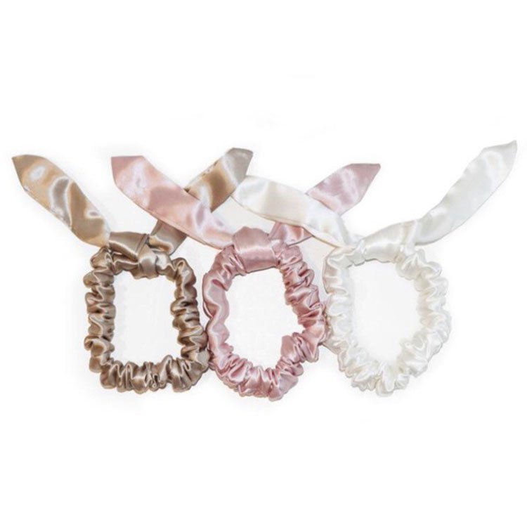 Custom Private Label 100% Pure mulberry silk Elastic hair ties women natural bow Silk Scrunchies for Ponytail