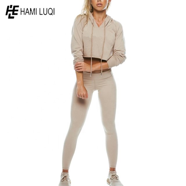 OEM Custom Womens Sexy 2 Pieces Solid Color Lace Up Hoodie Crop Top Joggers Pants Set Sports Casual Tracksuit Outfit Set
