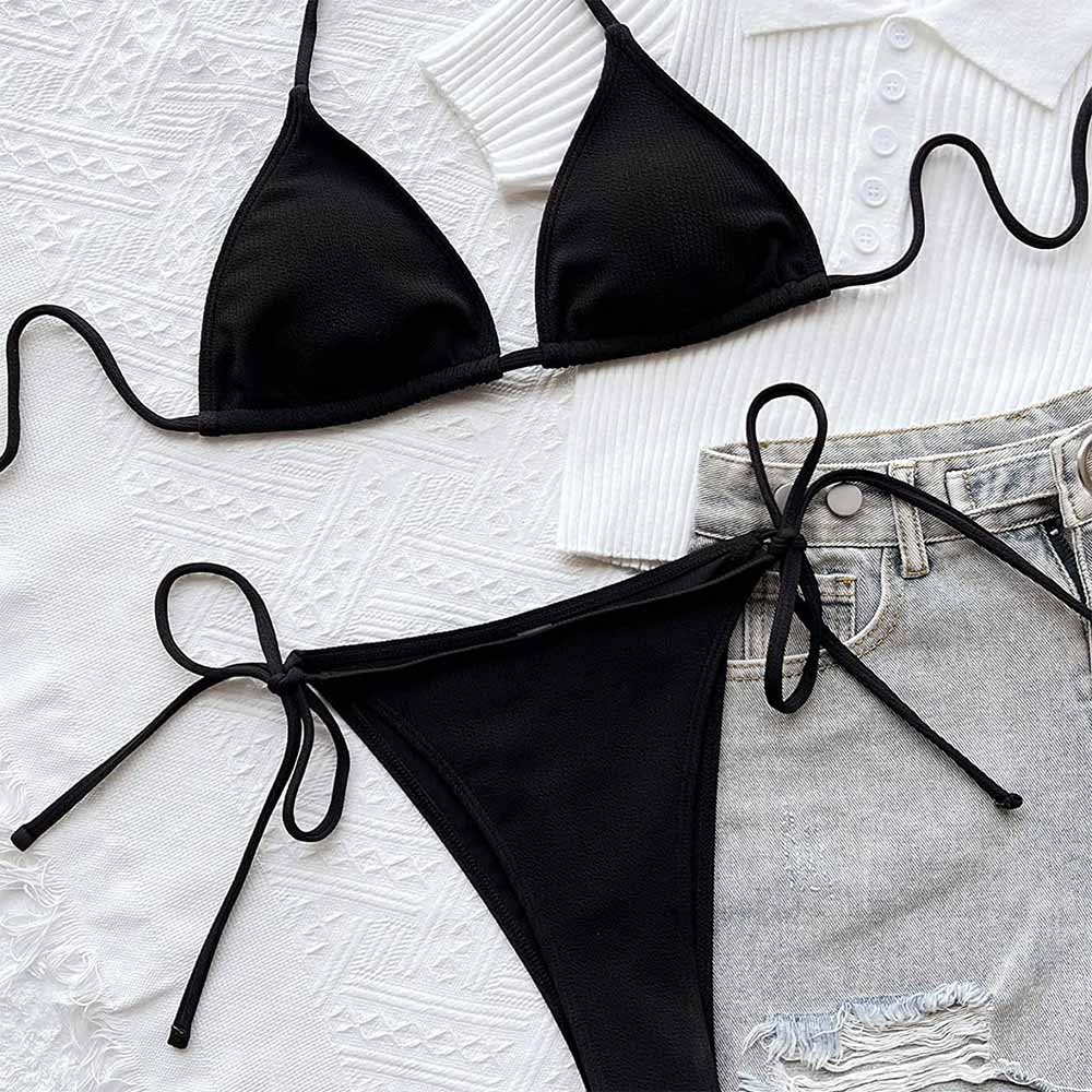 High Quality Black Women's Bikini Sets Polyester Made Swimming Beach Suits Bra Style Plus Size Printed Pattern XS Made Pakistan