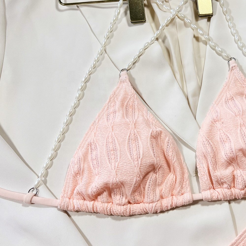 Custom wholesale price women pink triangle bikini two piece swimsuit Side tie swimwear With pearls