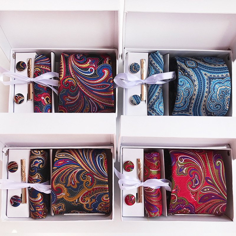 High quality 2024 Silk Jacquard Tie White Geometric Tie Hanky Cufflink Set Ties For Men Business Wedding Party