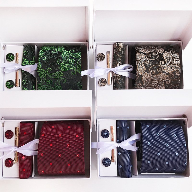 High quality 2024 Silk Jacquard Tie White Geometric Tie Hanky Cufflink Set Ties For Men Business Wedding Party