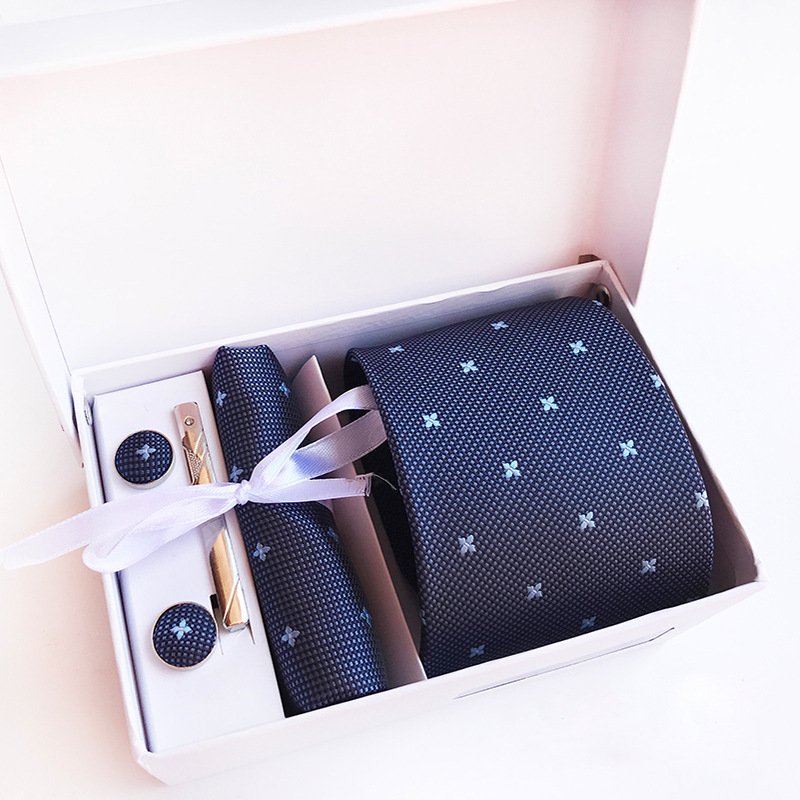 High quality 2024 Silk Jacquard Tie White Geometric Tie Hanky Cufflink Set Ties For Men Business Wedding Party