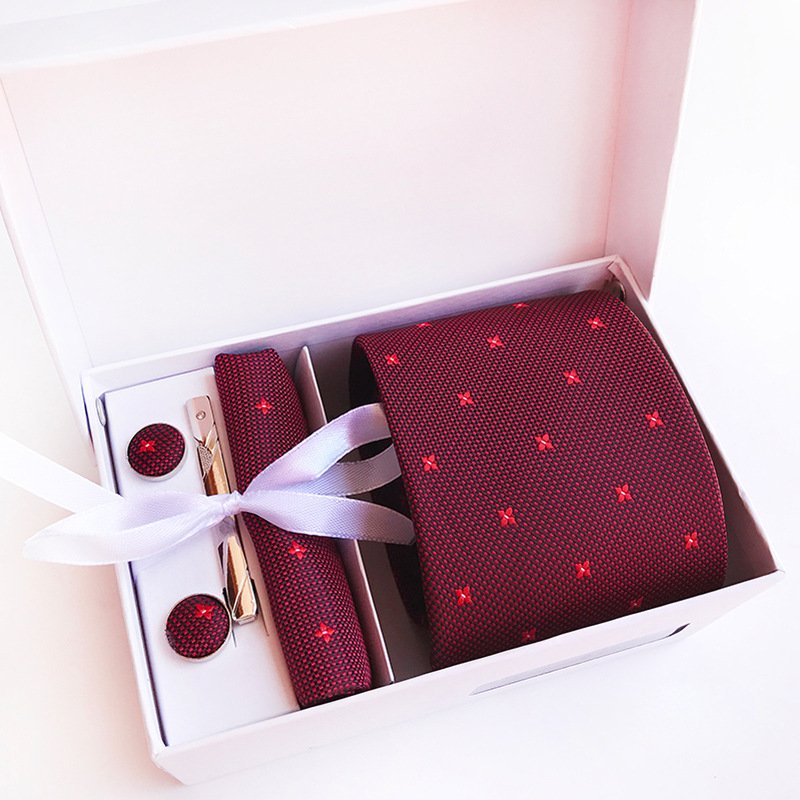 High quality 2024 Silk Jacquard Tie White Geometric Tie Hanky Cufflink Set Ties For Men Business Wedding Party