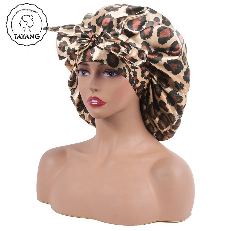 Leopard Print Satin Silk Bonnet for Sleeping Cap for Curly Hair Bonnet for Women Two Layer Reversible Bonnet with Tie Band