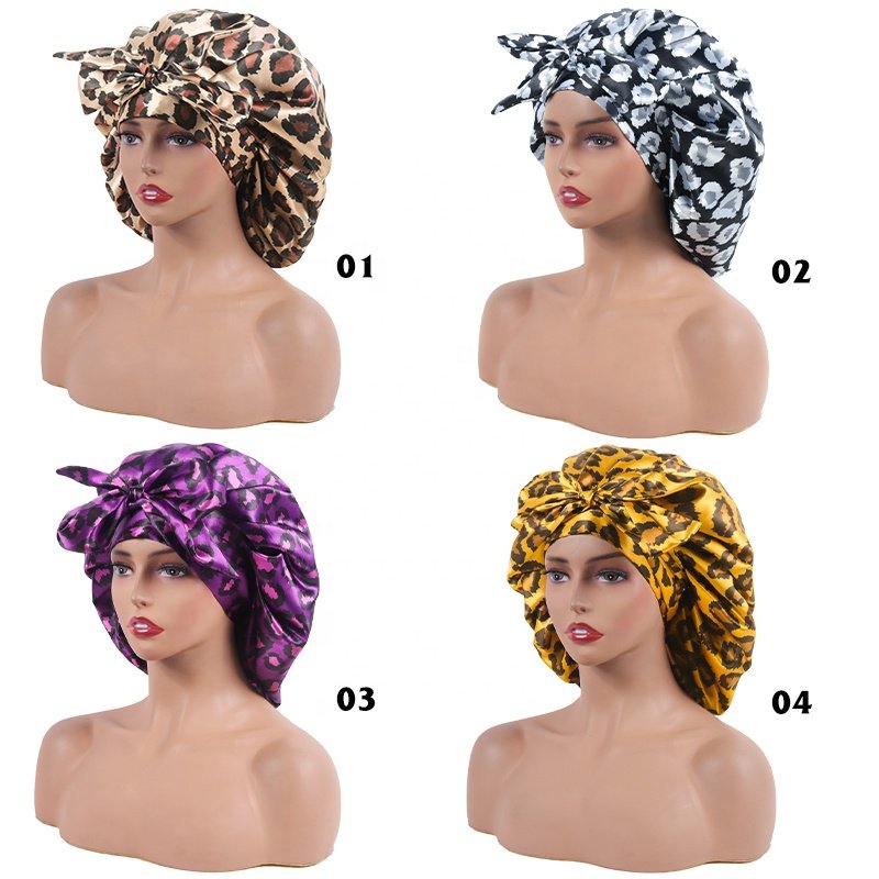 Leopard Print Satin Silk Bonnet for Sleeping Cap for Curly Hair Bonnet for Women Two Layer Reversible Bonnet with Tie Band