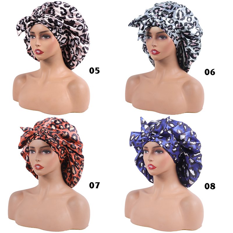 Leopard Print Satin Silk Bonnet for Sleeping Cap for Curly Hair Bonnet for Women Two Layer Reversible Bonnet with Tie Band