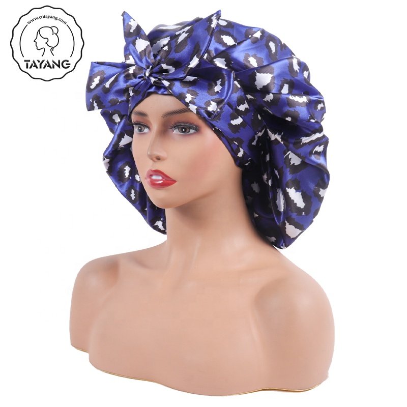 Leopard Print Satin Silk Bonnet for Sleeping Cap for Curly Hair Bonnet for Women Two Layer Reversible Bonnet with Tie Band