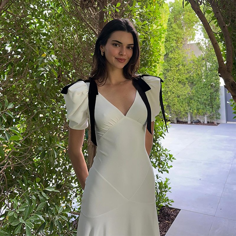 Elegant Shoulder Bow White Ruffles Dress Women Fashion Slim V Neck Puff Sleeve Maxi Dresses New Chic Office Female Vestidos 2874
