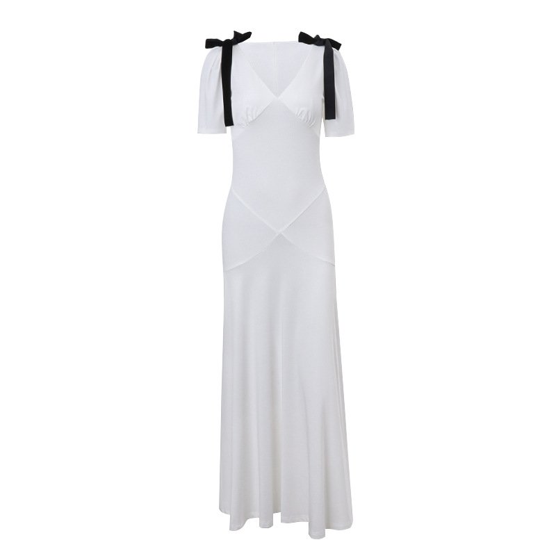 Elegant Shoulder Bow White Ruffles Dress Women Fashion Slim V Neck Puff Sleeve Maxi Dresses New Chic Office Female Vestidos 2874