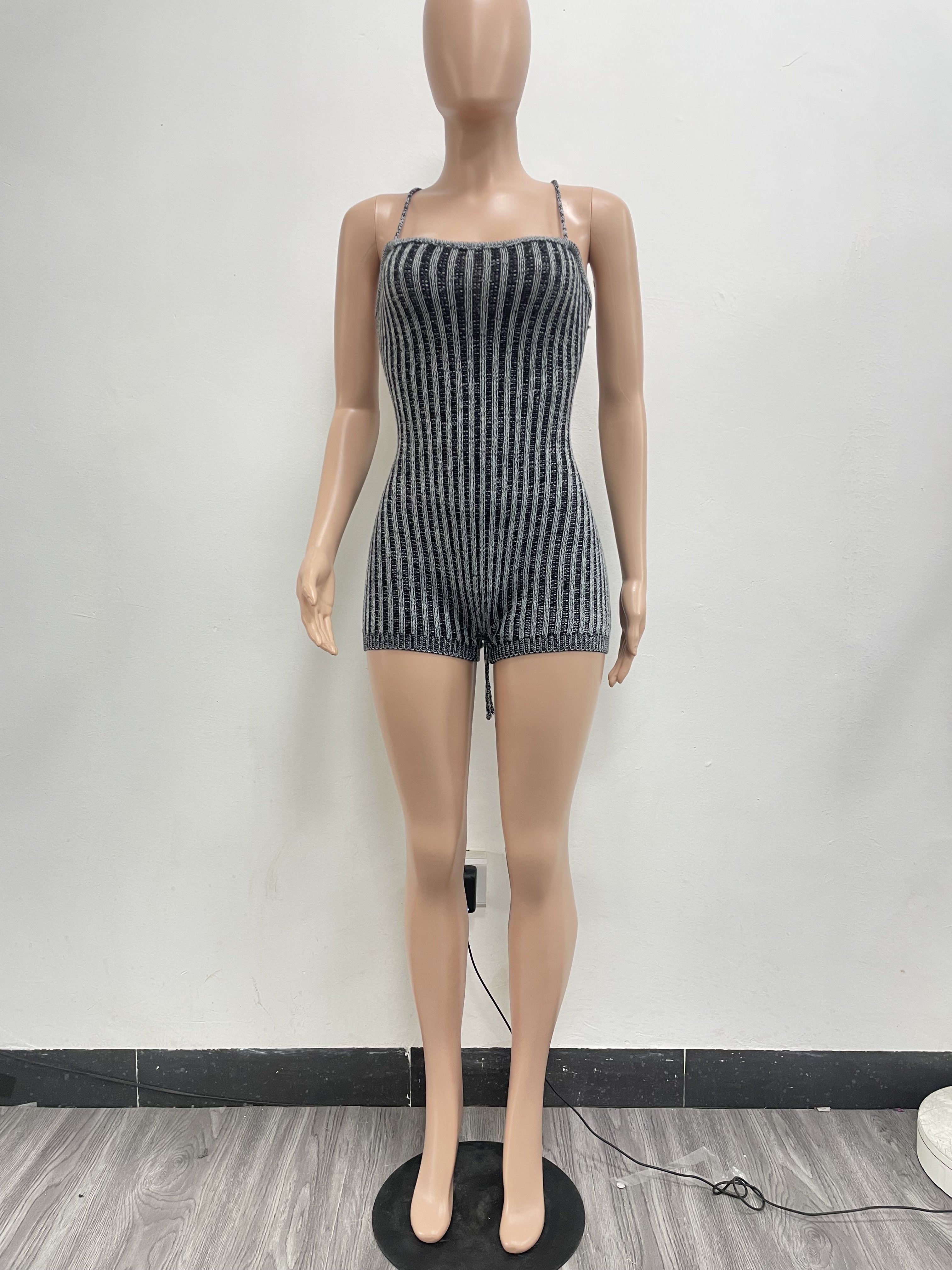 Casual summer stretch backless tie up slim halter one piece romper short jumpsuit bodysuit
