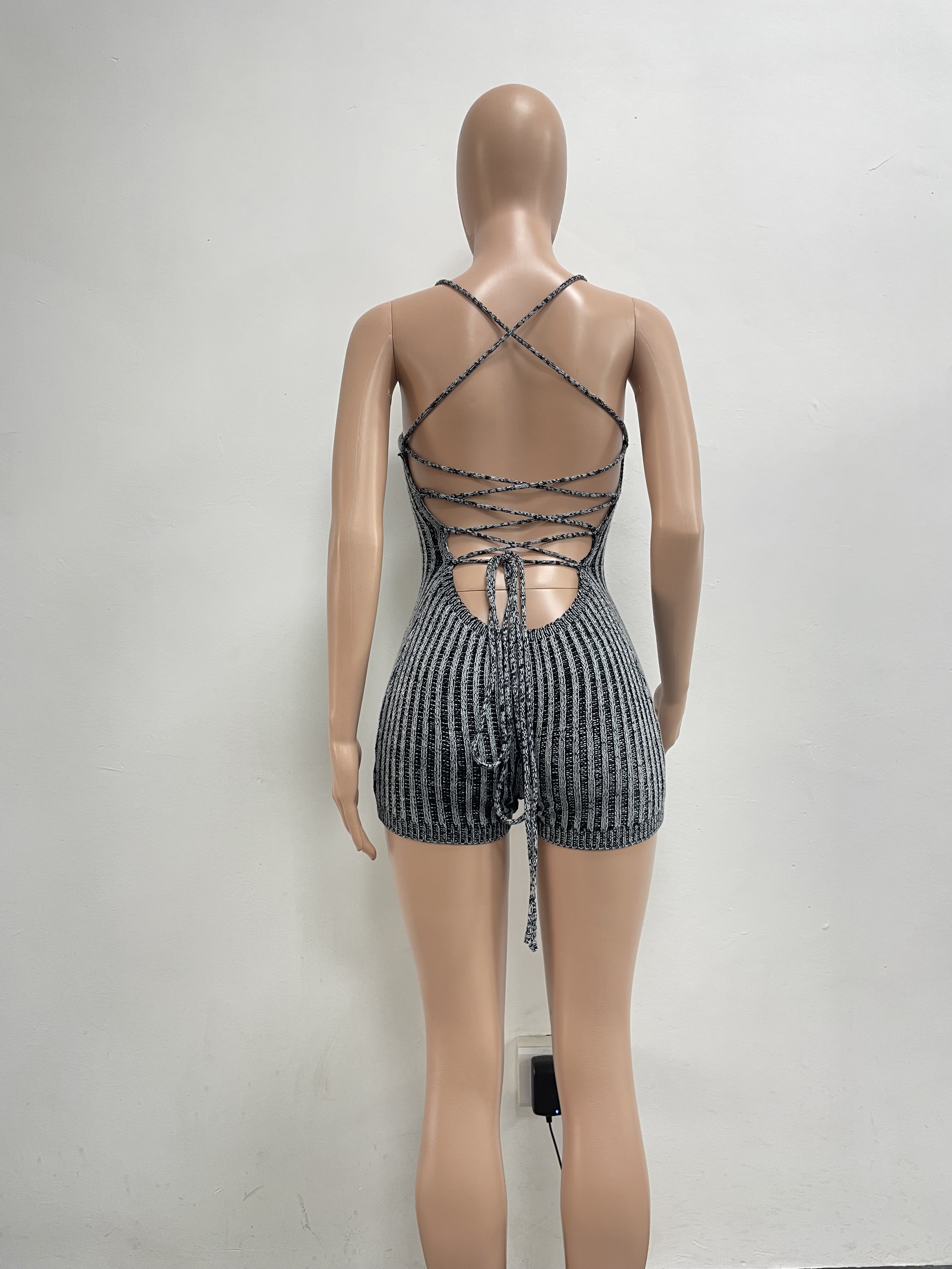 Casual summer stretch backless tie up slim halter one piece romper short jumpsuit bodysuit