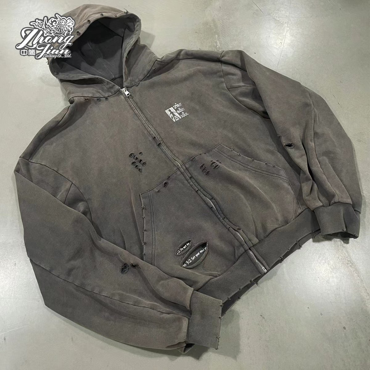 Grey acid washed vintage french terry cotton oversized zip up hoodie jackets for men