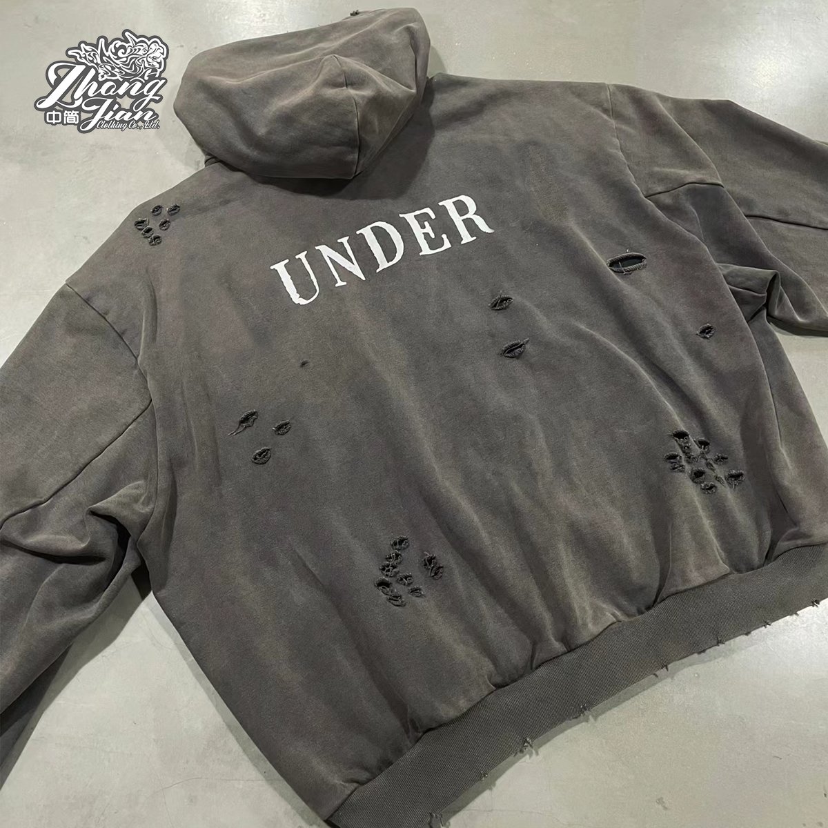 Grey acid washed vintage french terry cotton oversized zip up hoodie jackets for men