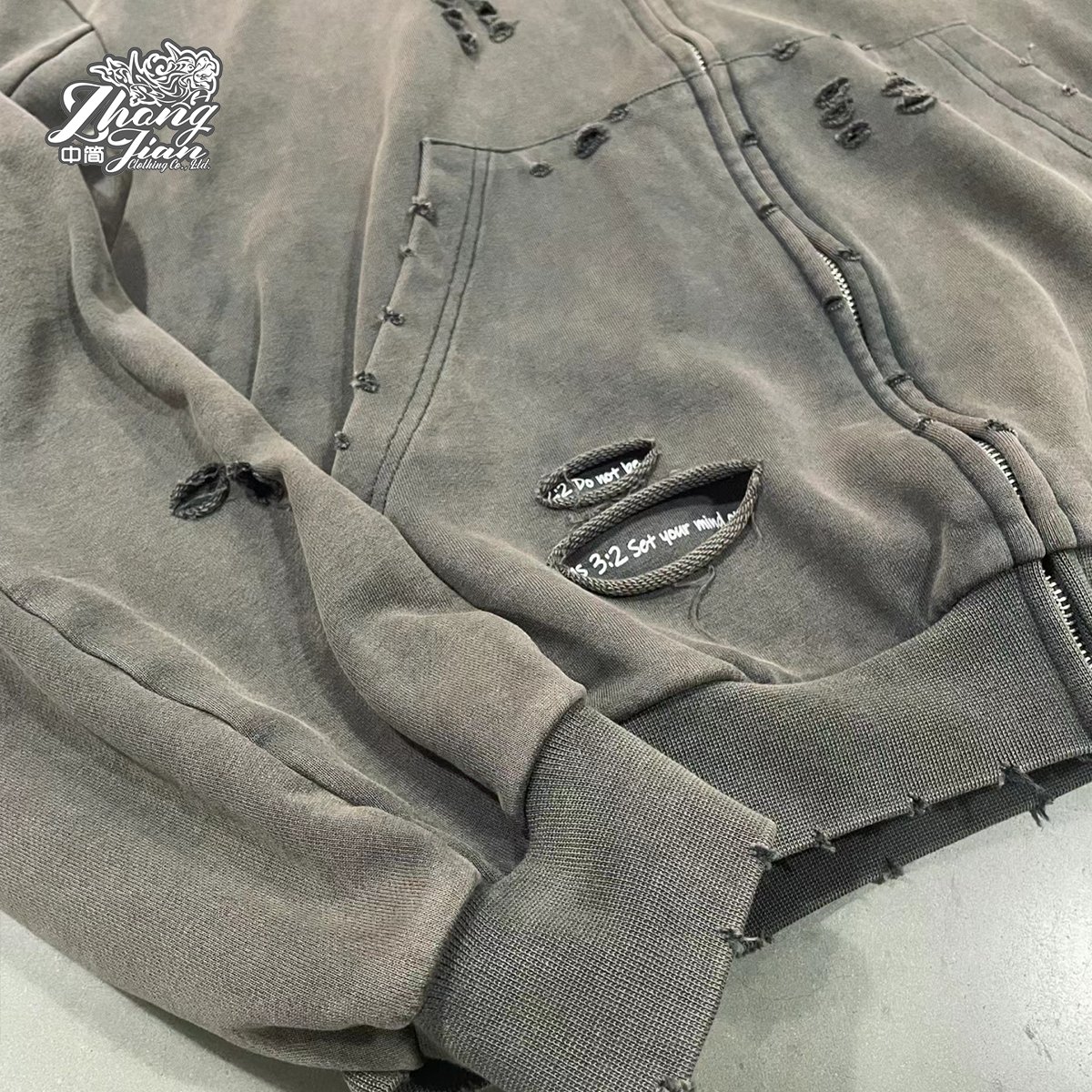 Grey acid washed vintage french terry cotton oversized zip up hoodie jackets for men
