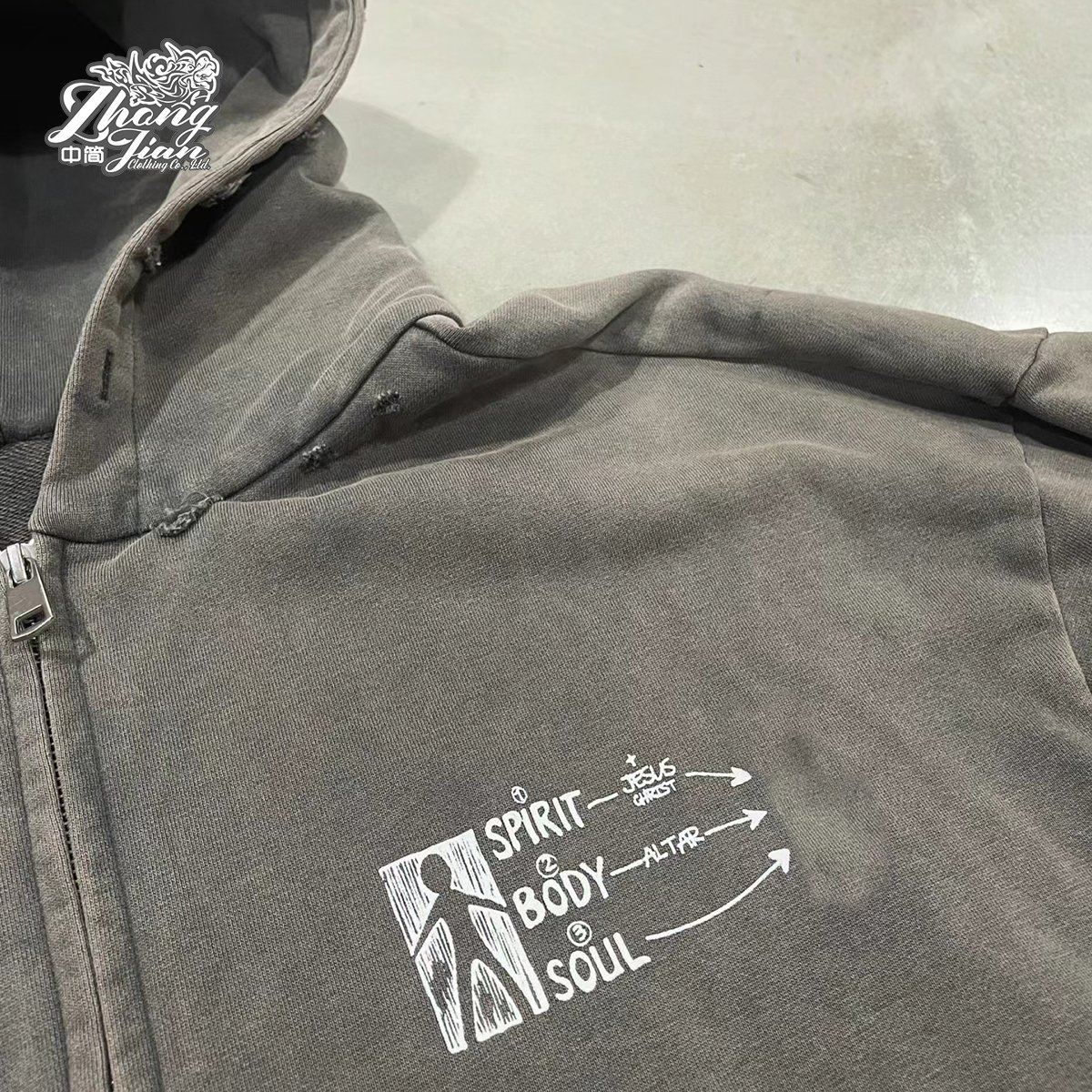 Grey acid washed vintage french terry cotton oversized zip up hoodie jackets for men