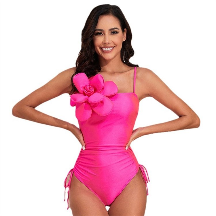 Quick drying new one-piece swimsuit women's nylon glossy solid color three-dimensional large flower swimsuit
