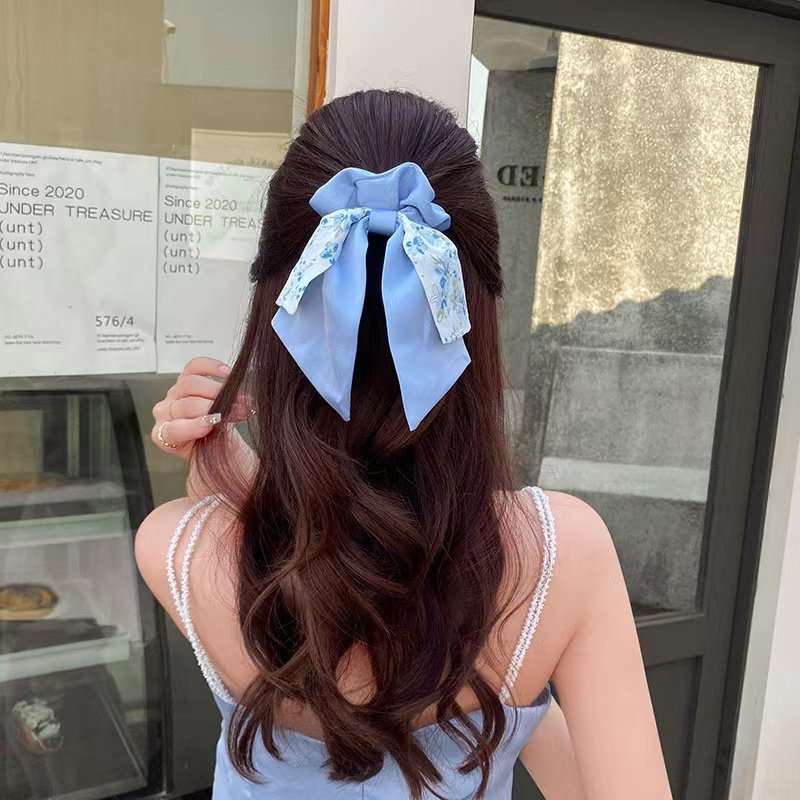 New French floral bow large hair circle Silk scarf headband Temperament female hair tie vintage streamer headwear