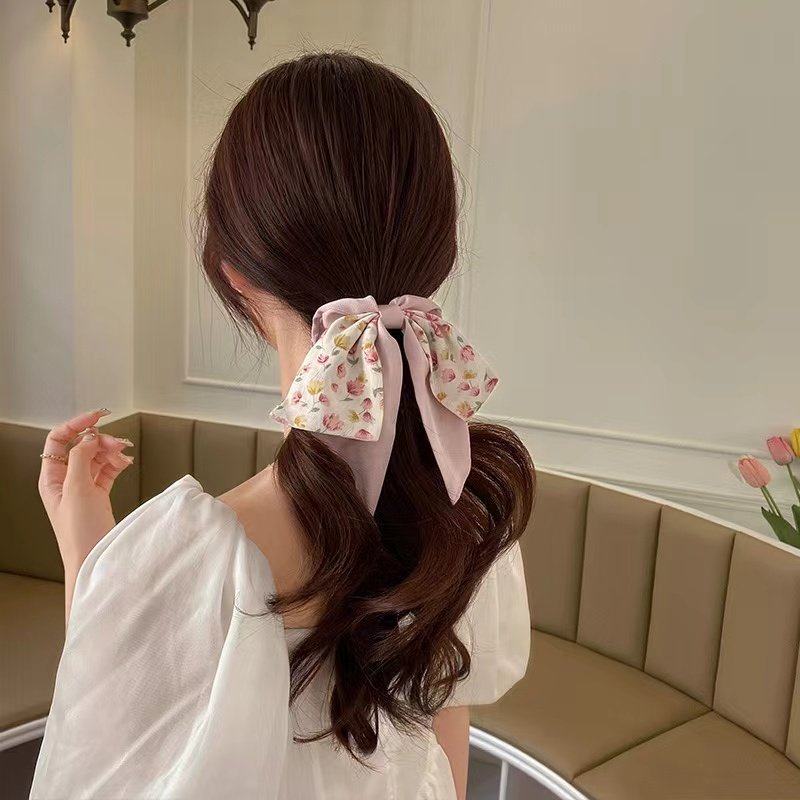 New French floral bow large hair circle Silk scarf headband Temperament female hair tie vintage streamer headwear
