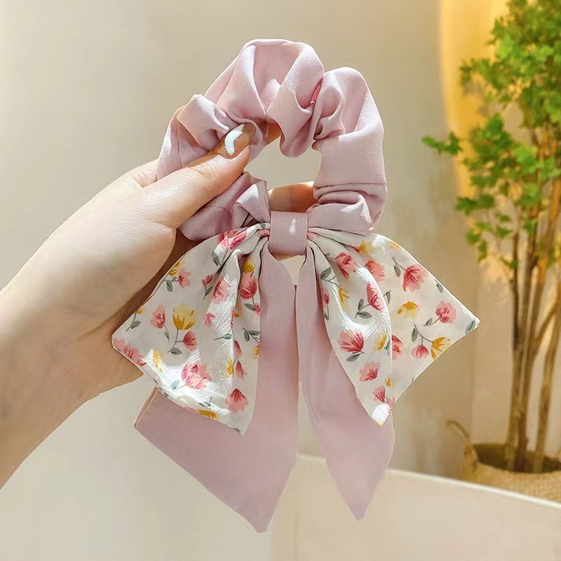 New French floral bow large hair circle Silk scarf headband Temperament female hair tie vintage streamer headwear