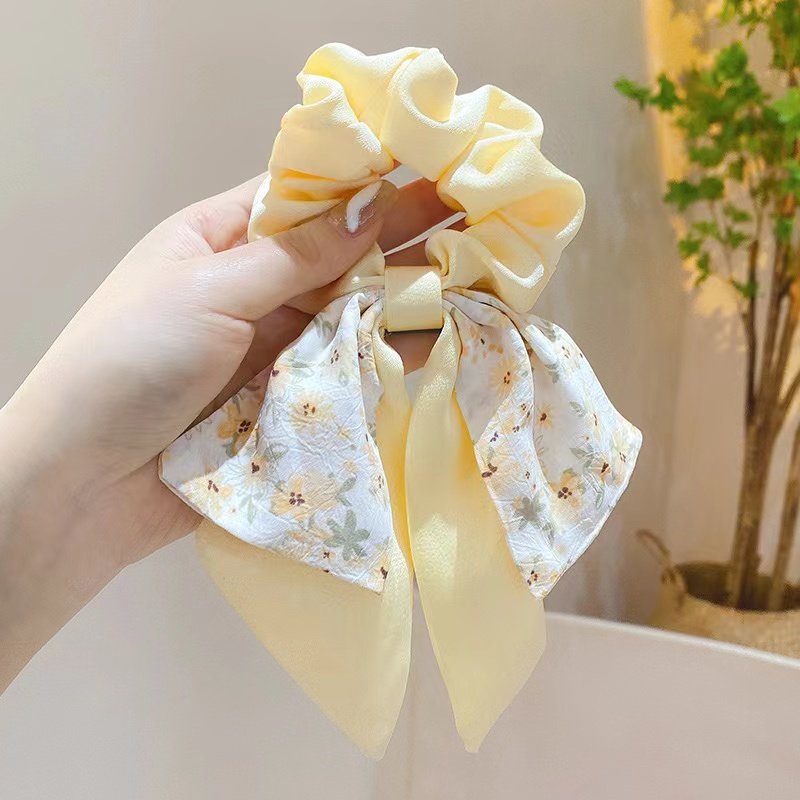 New French floral bow large hair circle Silk scarf headband Temperament female hair tie vintage streamer headwear
