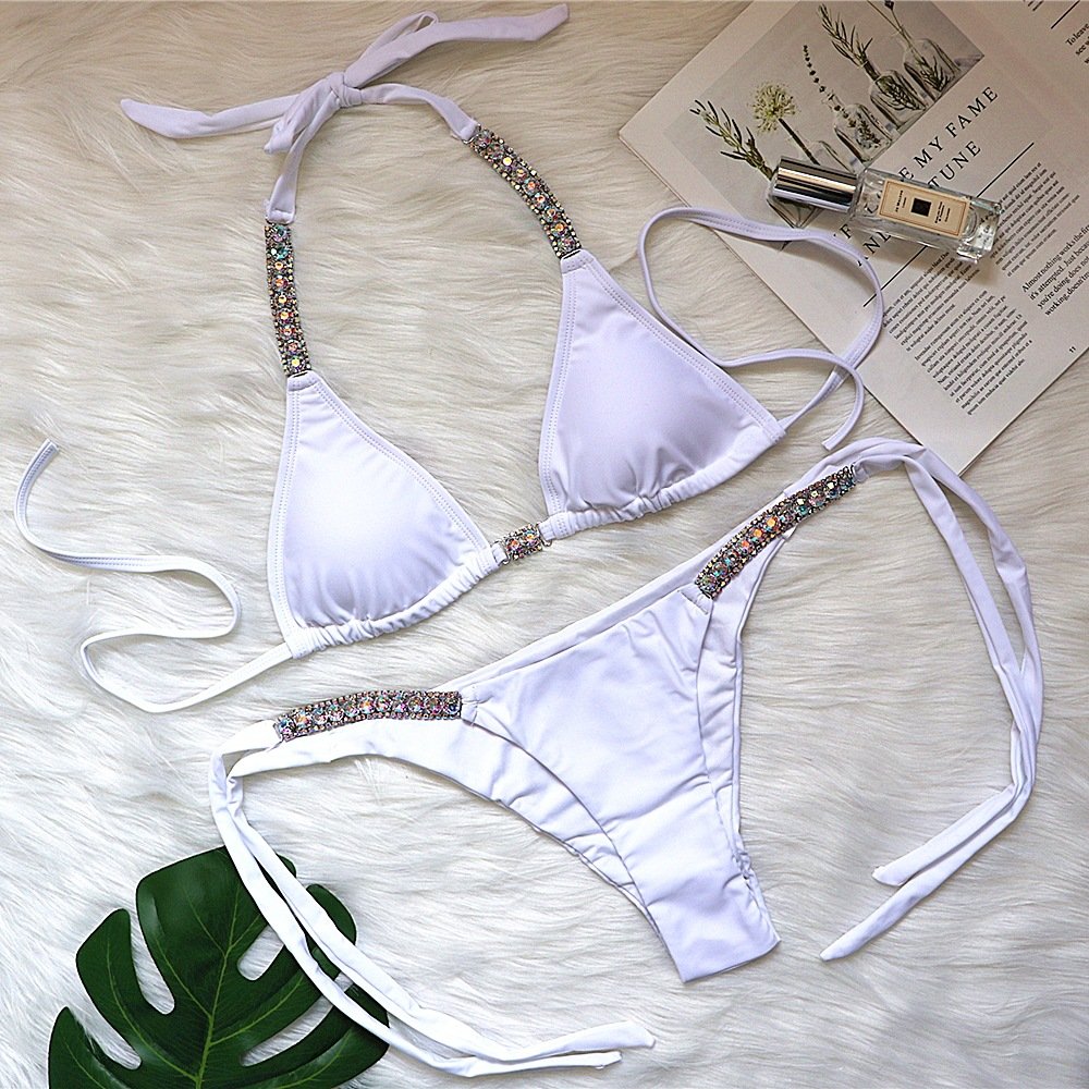 High Quality Hot Bandage Halter Ladies Women Beach Bikini Swimming Swim Suits Set Rhinestone Diamond Swimsuit Two Piece Swimwear