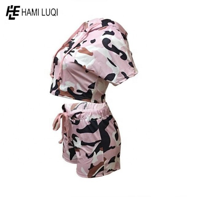 Wholesale Custom Printed Camo Cropped Short Sleeve Hoodie XL Drawstring Shorts Knee Length Women's Fleece Clothes Pattern