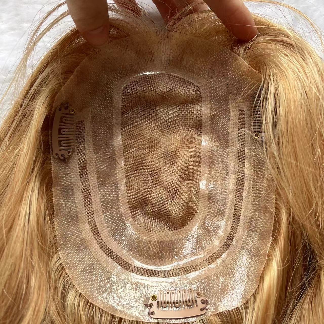 Ash Brown Blonde Color Water Wave Virgin European Cuticle Aligned Human Hair Mono Toupee Silk Base Topper Clip In Hair Piece