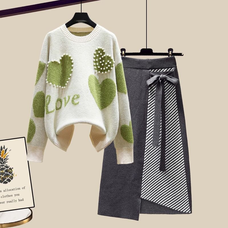 Factory wholesale big size women's autumn suit sweet heart loose sweater slim knitted skirt two-piece set fashion for women