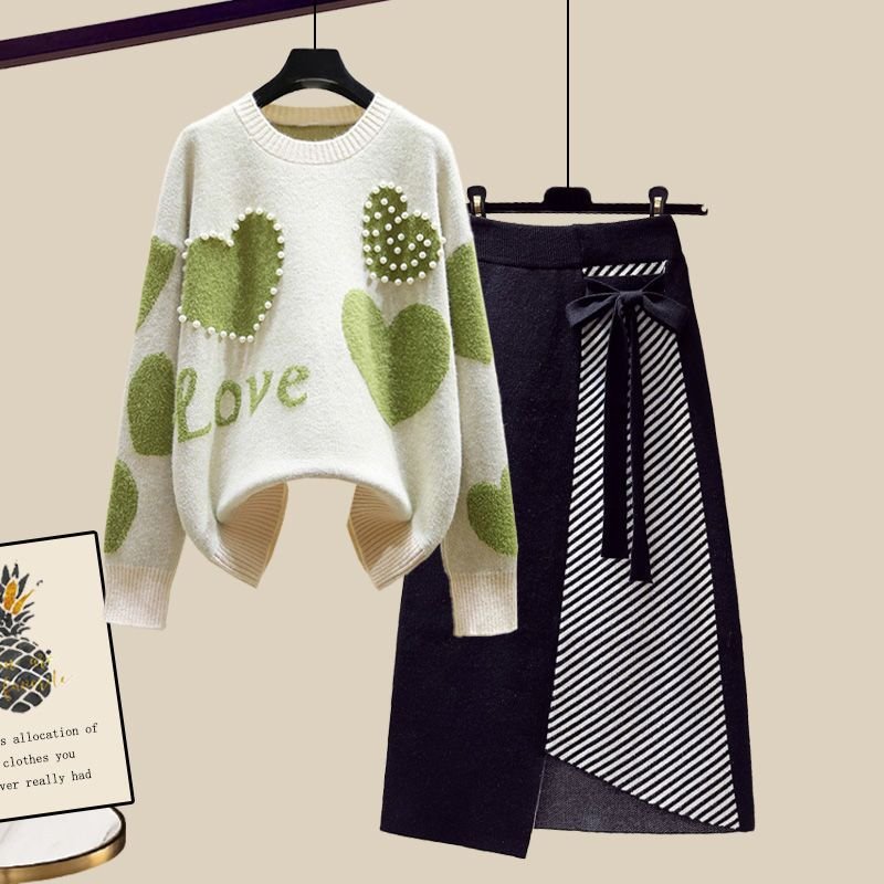 Factory wholesale big size women's autumn suit sweet heart loose sweater slim knitted skirt two-piece set fashion for women